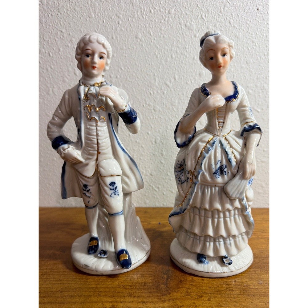 Vintage KPM Porcelain Figurine Pair Colonial Man Woman Blue, White, Gold
